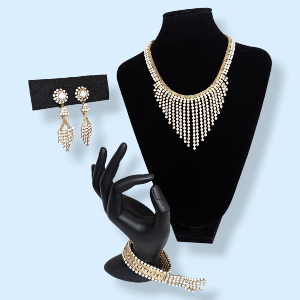 Vintage 3pc Rhinestone & White Plastic Parure